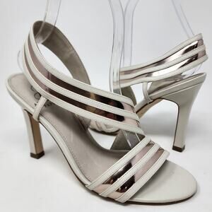Adrianna Papell Heels Women 6.5M Strappy Cream Leather Rose Gold Metallic Stripe